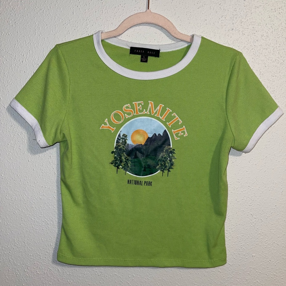 Green and White Crop Top with Retro Graphic Design